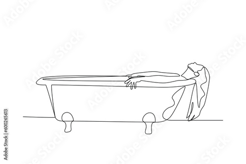 Single one line drawing happy woman is taking a bath. Bathroom activity concept. Continuous line draw design graphic vector illustration.