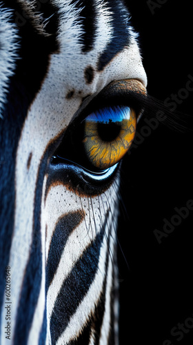 A close up of a zebra s eye with a black background. Generative AI.
