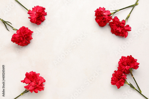Slika na platnu Frame made of red carnations on light background