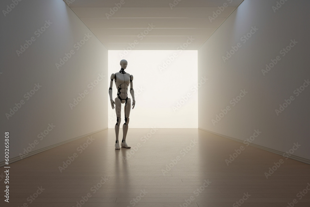 A realistic-looking android stands alone in an empty room, its blank stare focused on the wall in front of it. A realistic-looking android stands alone in an empty room, its blank stare focused on the wall in front of it.