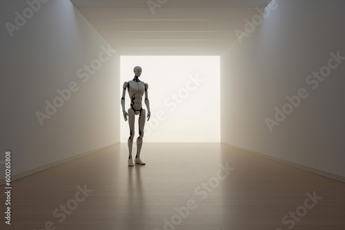 A realistic-looking android stands alone in an empty room, its blank stare focused on the wall in front of it.