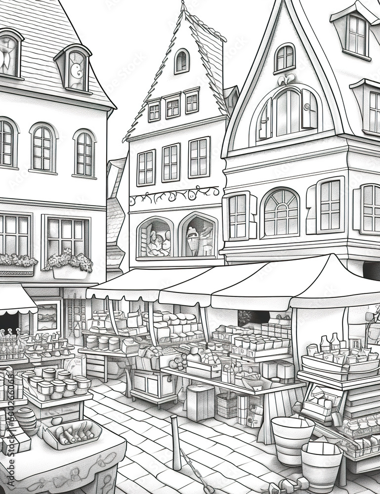 A black and white drawing of a market. Generative AI.