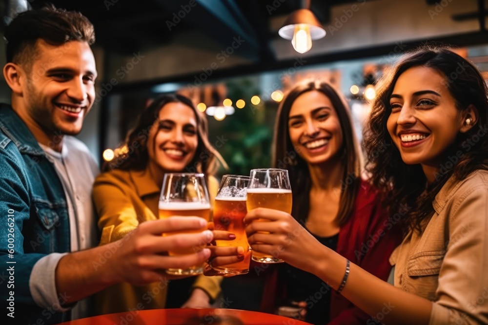 group of people cheering and drinking beer at bar pub table -Happy young friends enjoying happy hour at brewery restaurant-Youth culture-Life style food and beverage. Generative AI