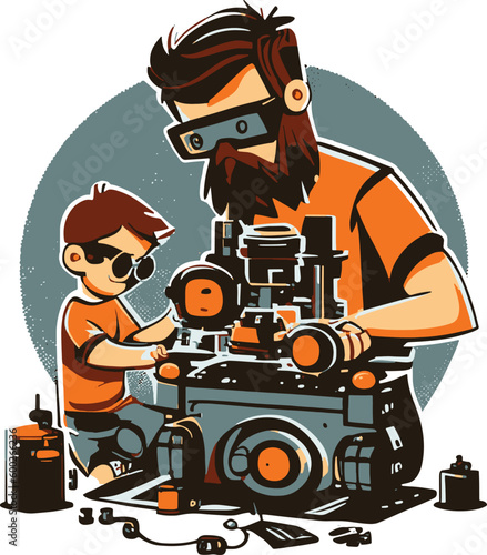 Father and child building a robot or doing a science experiment together