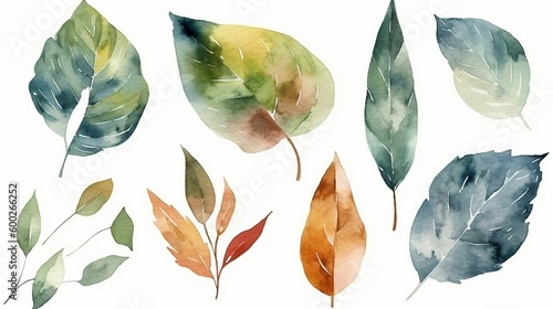 Watercolor leaves collection. Set of hand drawn leaves. Generative AI.