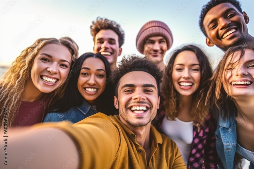 Multiracial group of friends having fun together outdoors on city street- Young cheerful people walking hugging outside- Next gen z lifestyle concept-Smiling student enjoying vacation. Generative AI - obrazy, fototapety, plakaty 