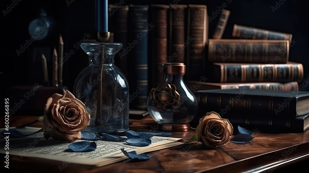 A wooden table topped with books and a candle. Generative AI. Dark academia style, victorian style mansion interior design with wooden stairs. A wooden table topped with books and a candle. Generative AI. Dark academia style, victorian style mansion interior design with wooden stairs.