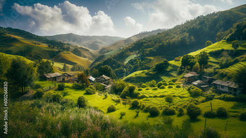 Picturesque Vista of Verdant Terraced Fields and Charming Farmhouses in Late Morning Light - Generative AI © Chris Anson