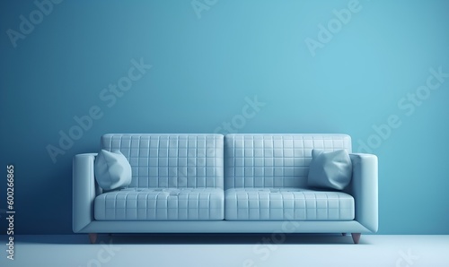 Soft blue sofa on blue background  3D illustration. Modern minimalistic living room interior. generative AI