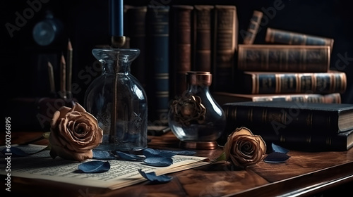 A wooden table topped with books and a candle. Generative AI. Dark academia style, victorian style mansion interior design with wooden stairs.