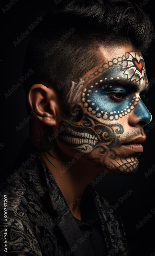 A man with a face painted like a skull. Generative AI. A man with a face painted like a skull. Generative AI.