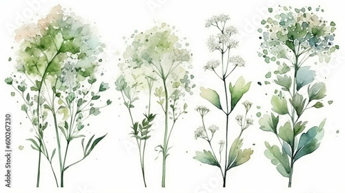 Watercolor baby's breath collection. Set of hand drawn flowers. Generative AI.