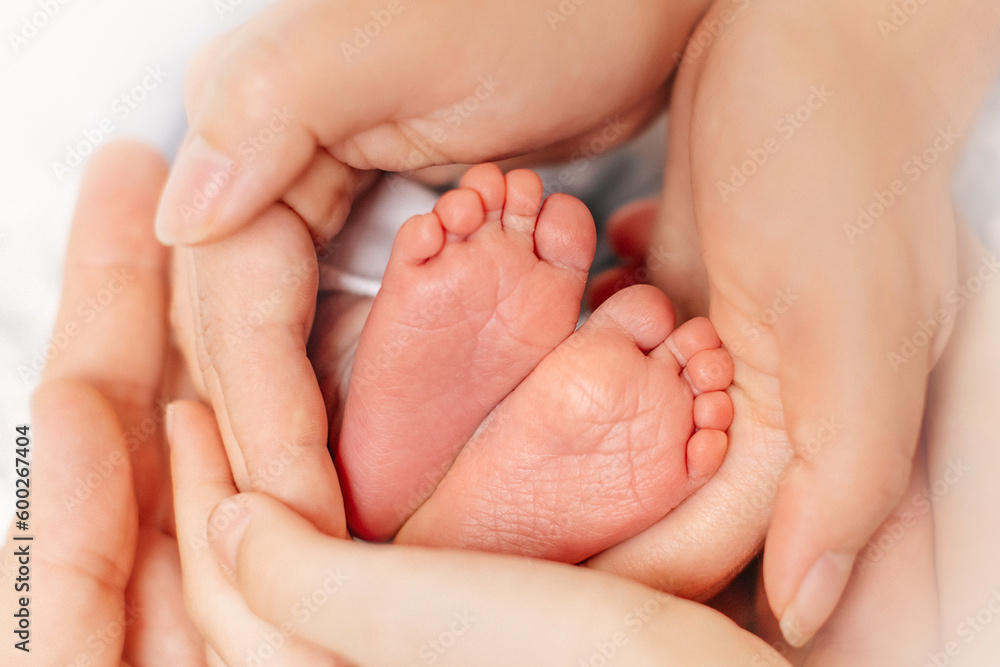 Mother holds newborn baby's bare feet. Tiny feet in woman's hand Mother holds newborn baby's bare feet. Tiny feet in woman's hand