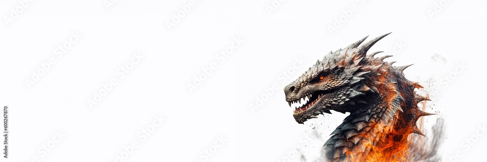 Realistic portrait of gray scary dragon in flames. Year of the Dragon. Long banner with copy space. Generative AI Realistic portrait of gray scary dragon in flames. Year of the Dragon. Long banner with copy space. Generative AI