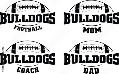 Football - Bulldogs is a sports team design that includes text with the team name and a football graphic. Great for Bulldogs t-shirts, mugs, advertising and promotions for teams or schools.