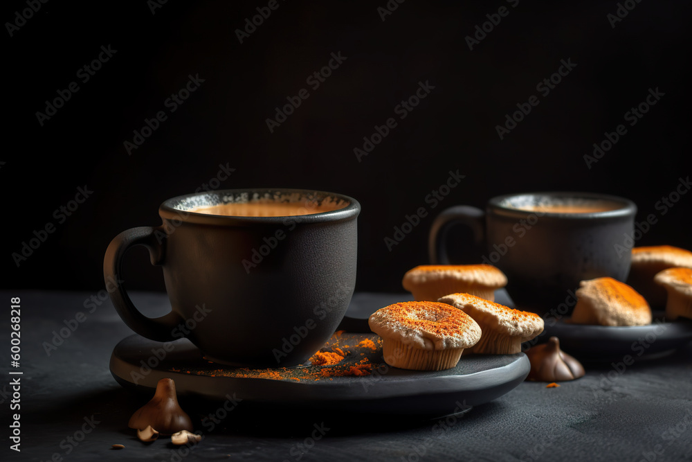 A couple of cups of coffee on a plate. Generative AI. Coffee with mushrooms, mushroom coffee A couple of cups of coffee on a plate. Generative AI. Coffee with mushrooms, mushroom coffee