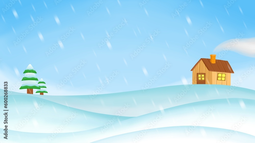 illustration of a log cabin in the snowfall