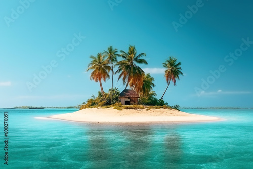 Small tropical island with hut and palms surrounded sea blue water, concept of beach, cabin,  paradise, travel.