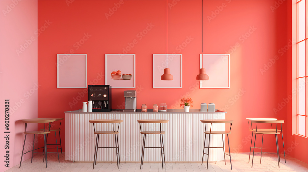 Coffee shop, kitchen, minimalistic with chairs, table and lamps Coffee shop, kitchen, minimalistic with chairs, table and lamps