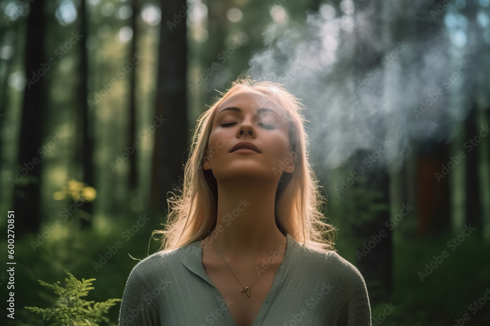 A woman standing in a forest with smoke coming out of her eyes A woman standing in a forest with smoke coming out of her eyes