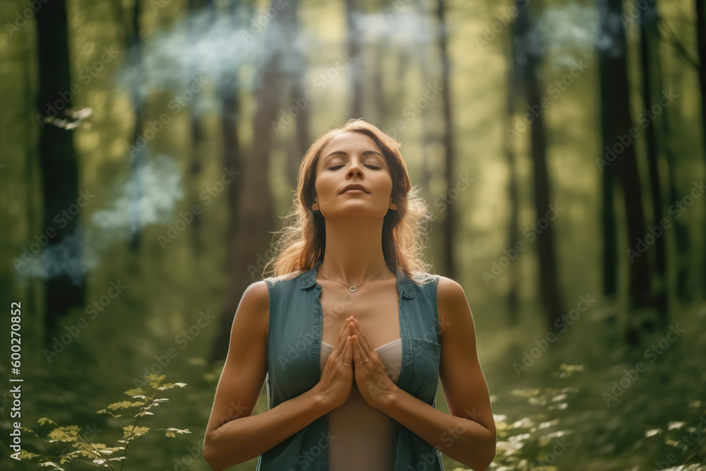 A woman is meditating in a forest