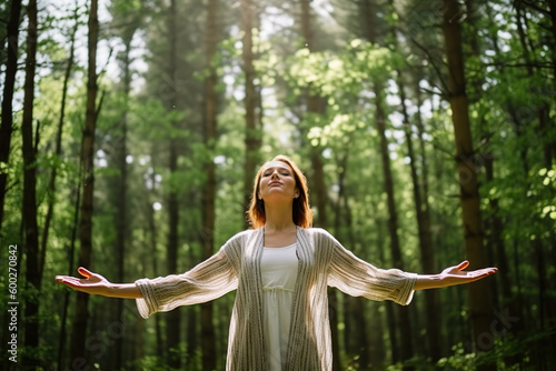 A woman standing in the middle of a forest photo