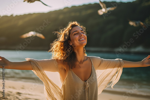 A woman standing on a beach with birds flying around her