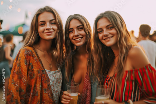 Three women standing next to each other at a festival