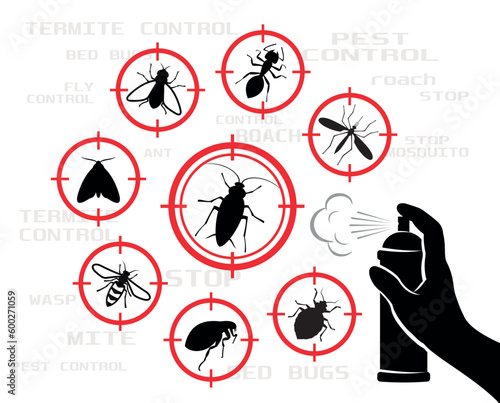 Pest control. Hand holding sprayer for spraying pesticides. Protection house from mosquitoes, cockroaches, flies, fleas, bed bugs. Vector illustration. Isolated on white background.