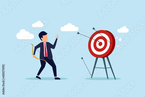 Success reaching goal or target, victory or winner, accuracy and achievement to hit target bullseye, efficiency or perfection concept, businessman archery shoot all his bows hitting bullseye target.
