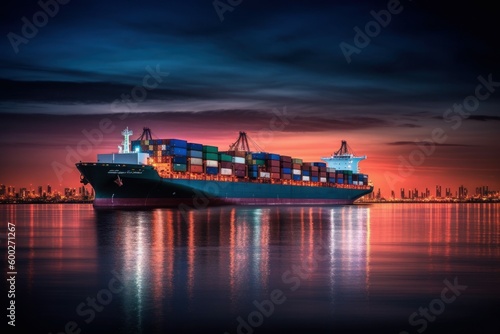 Container ship near the city port at night. AI generated, human enhanced.