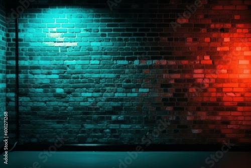 Brick wall background with neon light. AI generated  human enhanced.