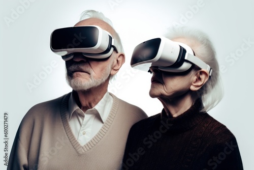 A couple of elderly people wearing virtual reality glasses. VR concept. AI generated, human enhanced