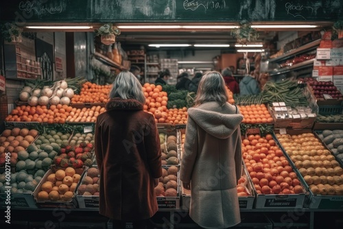 Woman shopping fruits and vegetables in a grocery supermarket store. AI generated, human enhanced