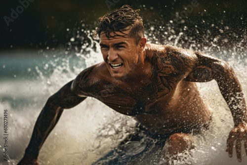 Surfer in the splashes of the sea wave. Young sports man. AI generated  human enhanced