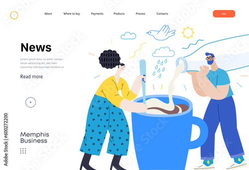 Memphis business illustration. News -modern flat vector concept illustration of people preparing coffee with milk. Corporate business morning news metaphor.