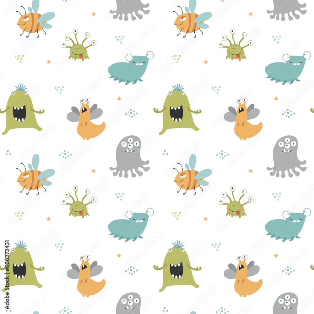 Fototapeta premium Cute monsters seamless pattern. Cartoon monsters background. Vector illustration