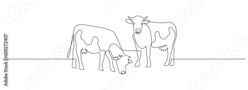Cows on pasture in One continuous line drawing. Milk calf animal grazing symbol and beef meat farm concept in simple linear style. Editable stroke. Doodle outline vector illustration
