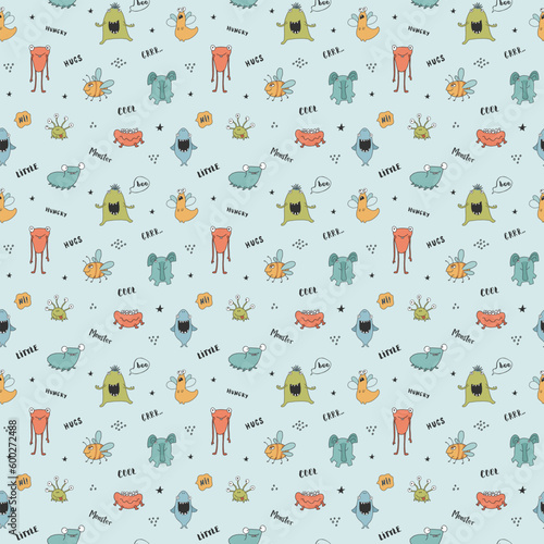 Fototapeta Naklejka Na Ścianę i Meble -  Cute monsters seamless pattern. Cartoon monsters background. Vector illustration