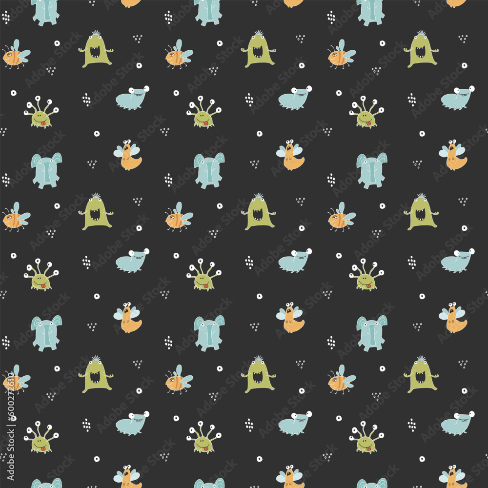 Cute monsters seamless pattern. Cartoon monsters background. Vector illustration Cute monsters seamless pattern. Cartoon monsters background. Vector illustration