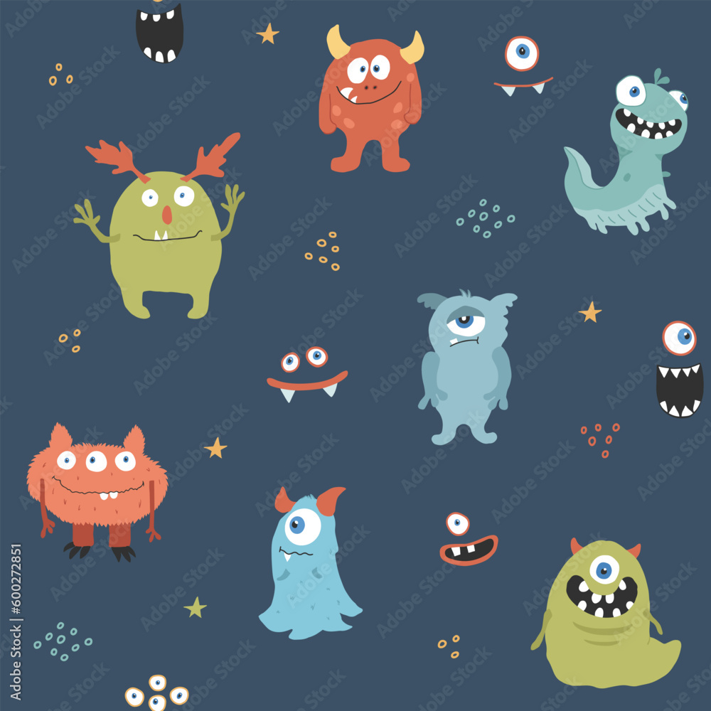 Cute monsters seamless pattern. Cartoon monsters background. Vector illustration