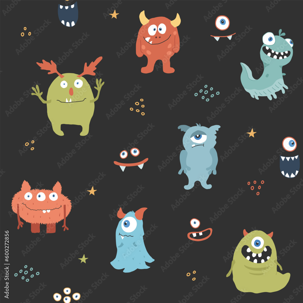 Cute monsters seamless pattern. Cartoon monsters background. Vector illustration Cute monsters seamless pattern. Cartoon monsters background. Vector illustration