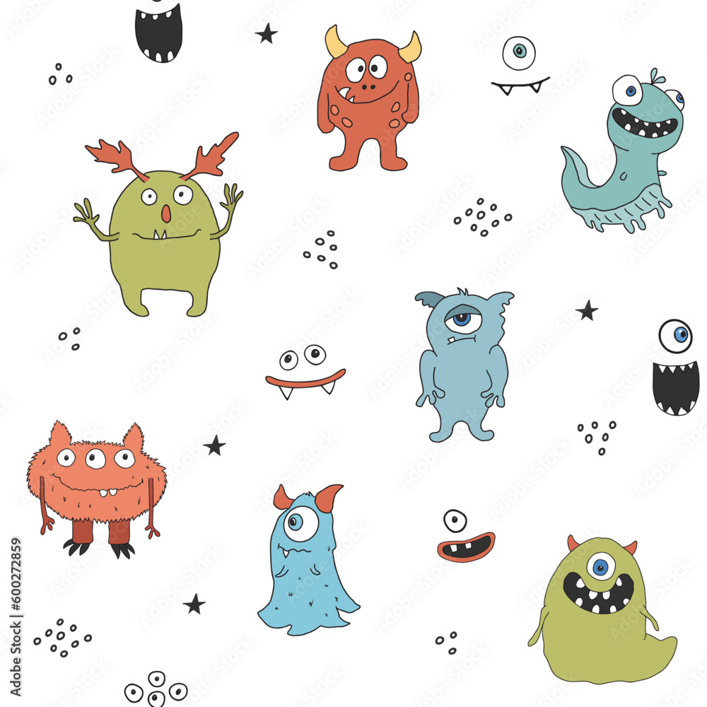Obraz premium Cute monsters seamless pattern. Cartoon monsters background. Vector illustration