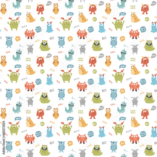 Fototapeta Naklejka Na Ścianę i Meble -  Cute monsters seamless pattern. Cartoon monsters background. Vector illustration