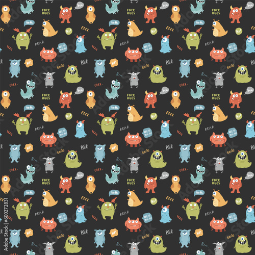 Cute monsters seamless pattern. Cartoon monsters background. Vector illustration