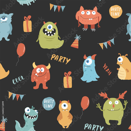 Cute monsters seamless pattern. Cartoon monsters background. Vector illustration