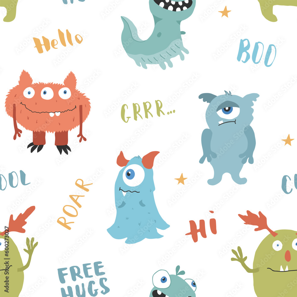 Obraz premium Cute monsters seamless pattern. Cartoon monsters background. Vector illustration