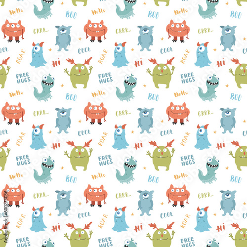 Cute monsters seamless pattern. Cartoon monsters background. Vector illustration