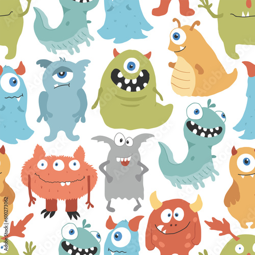 Cute monsters seamless pattern. Cartoon monsters background. Vector illustration