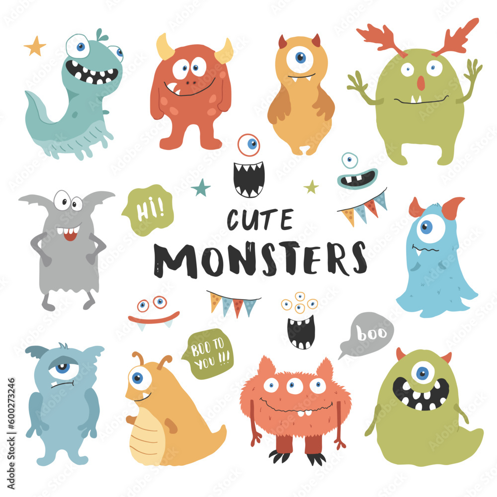 Fototapeta premium Cute monsters set. Cartoon monsters collection. Vector illustration